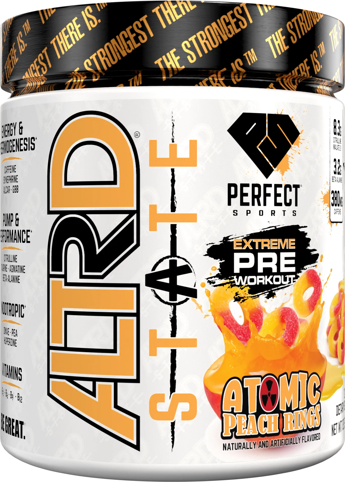 ALTRD STATE Atomic Peach Rings pre-workout 382g front label by PERFECT Sports featuring extreme energy formula and peach ring flavor design.