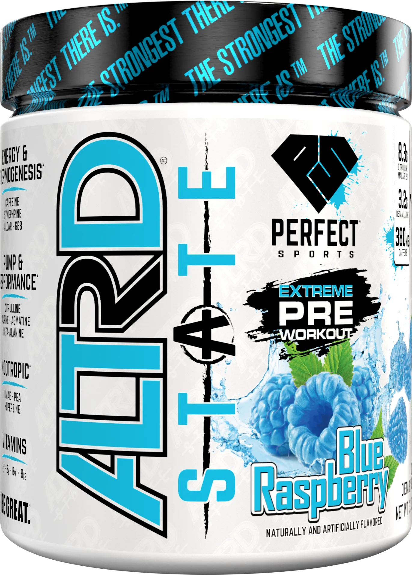 ALTRD STATE Blue Raspberry pre-workout 378g front label by PERFECT Sports featuring extreme energy formula and vibrant blue raspberry design.