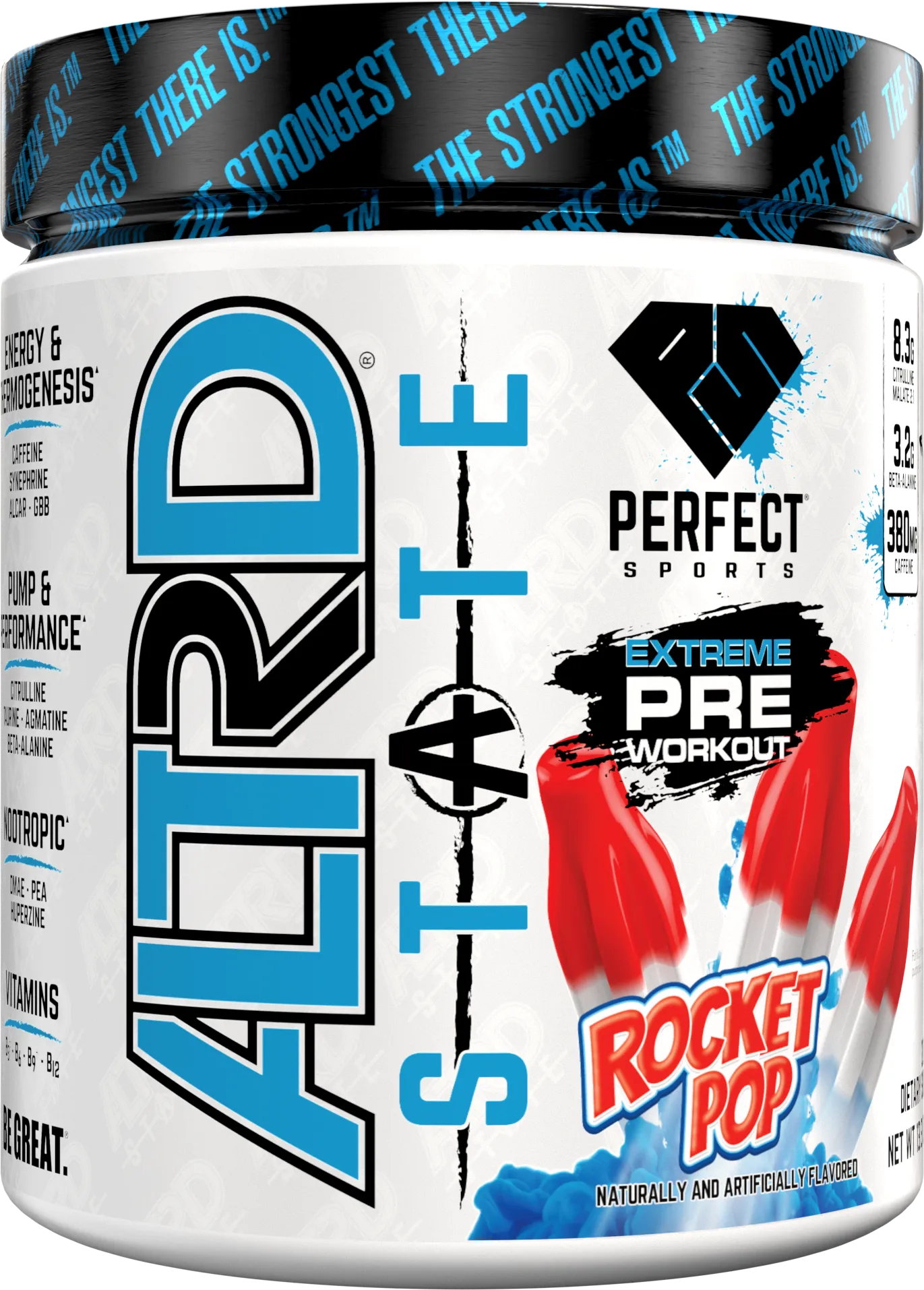 ALTRD STATE Rocket Pop pre-workout 378g front label by PERFECT Sports featuring extreme energy formula and Rocket Pop flavor design.