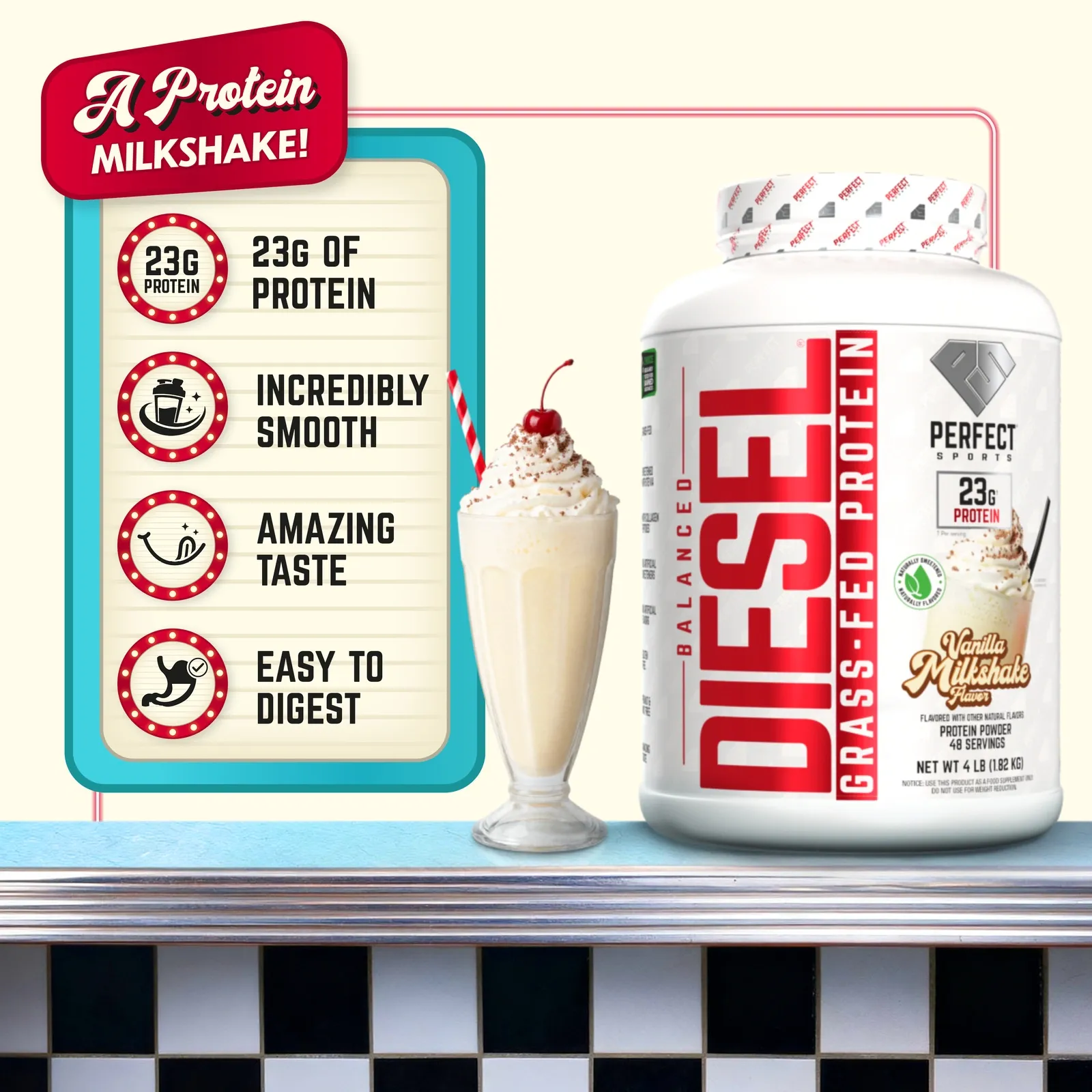 DIESEL Balanced Grass-Fed Protein - Vanilla Milkshake Flavor 4 lbs