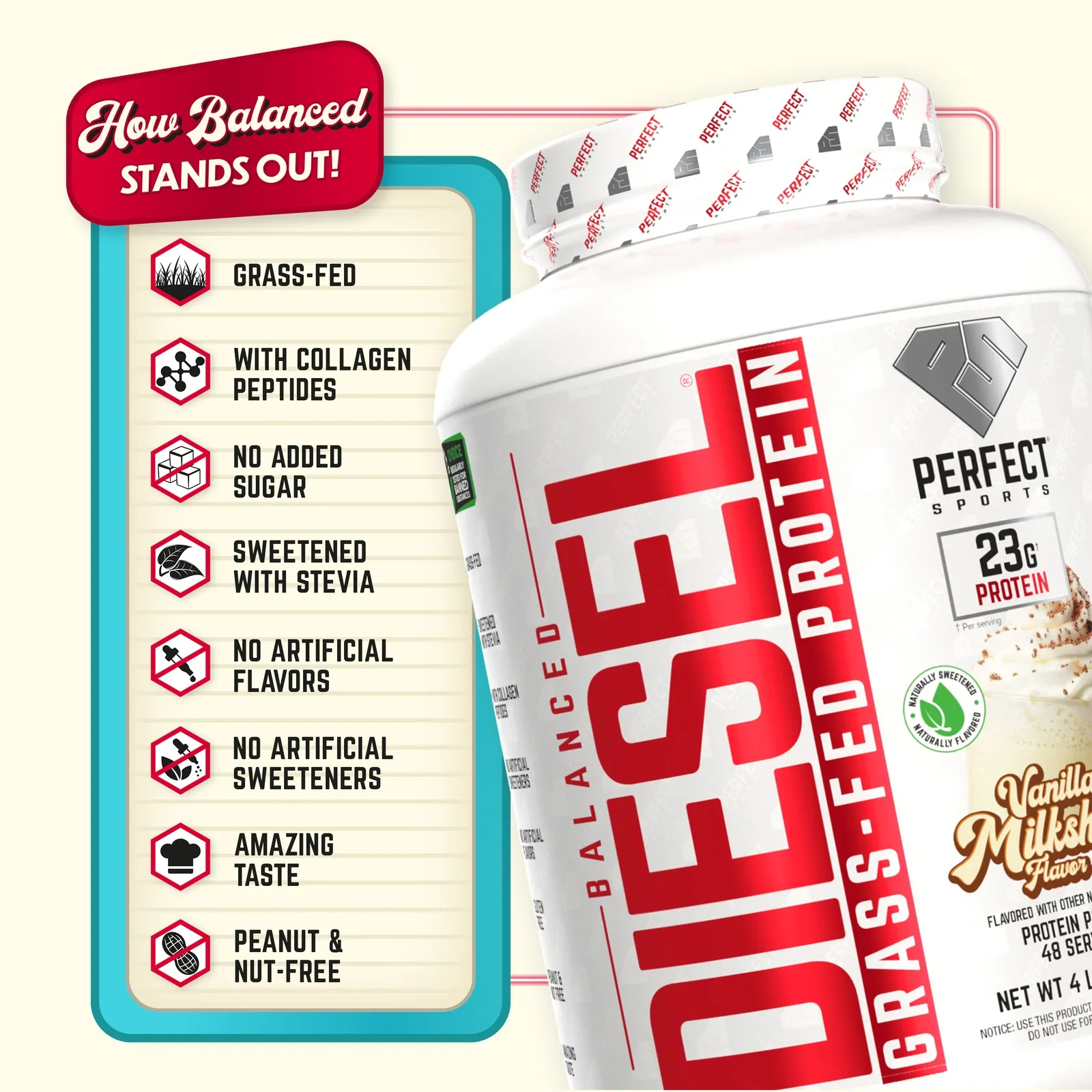 DIESEL Balanced Grass-Fed Protein - Vanilla Milkshake Flavor 4 lbs