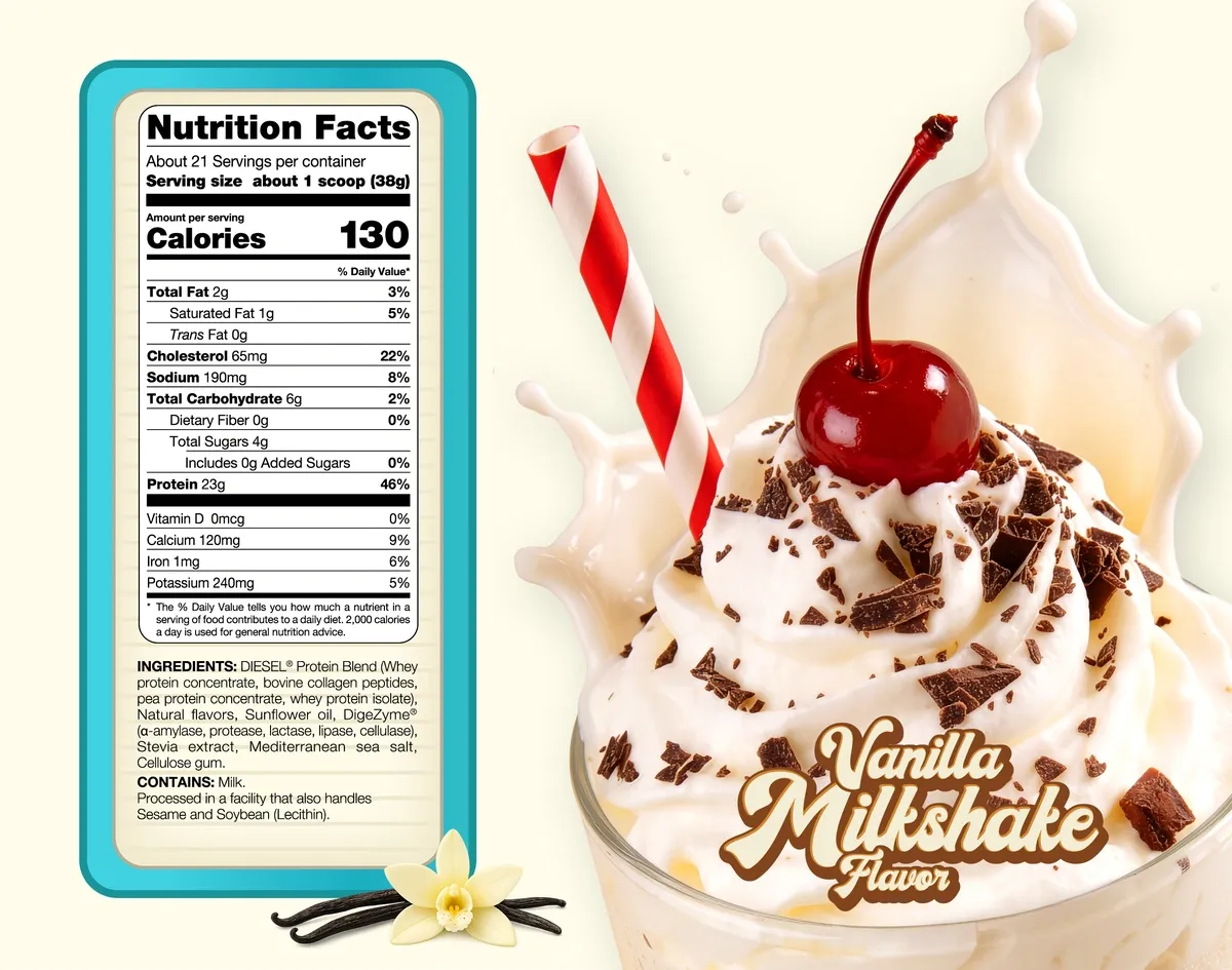 DIESEL Balanced Grass-Fed Protein - Vanilla Milkshake Nutrition Facts