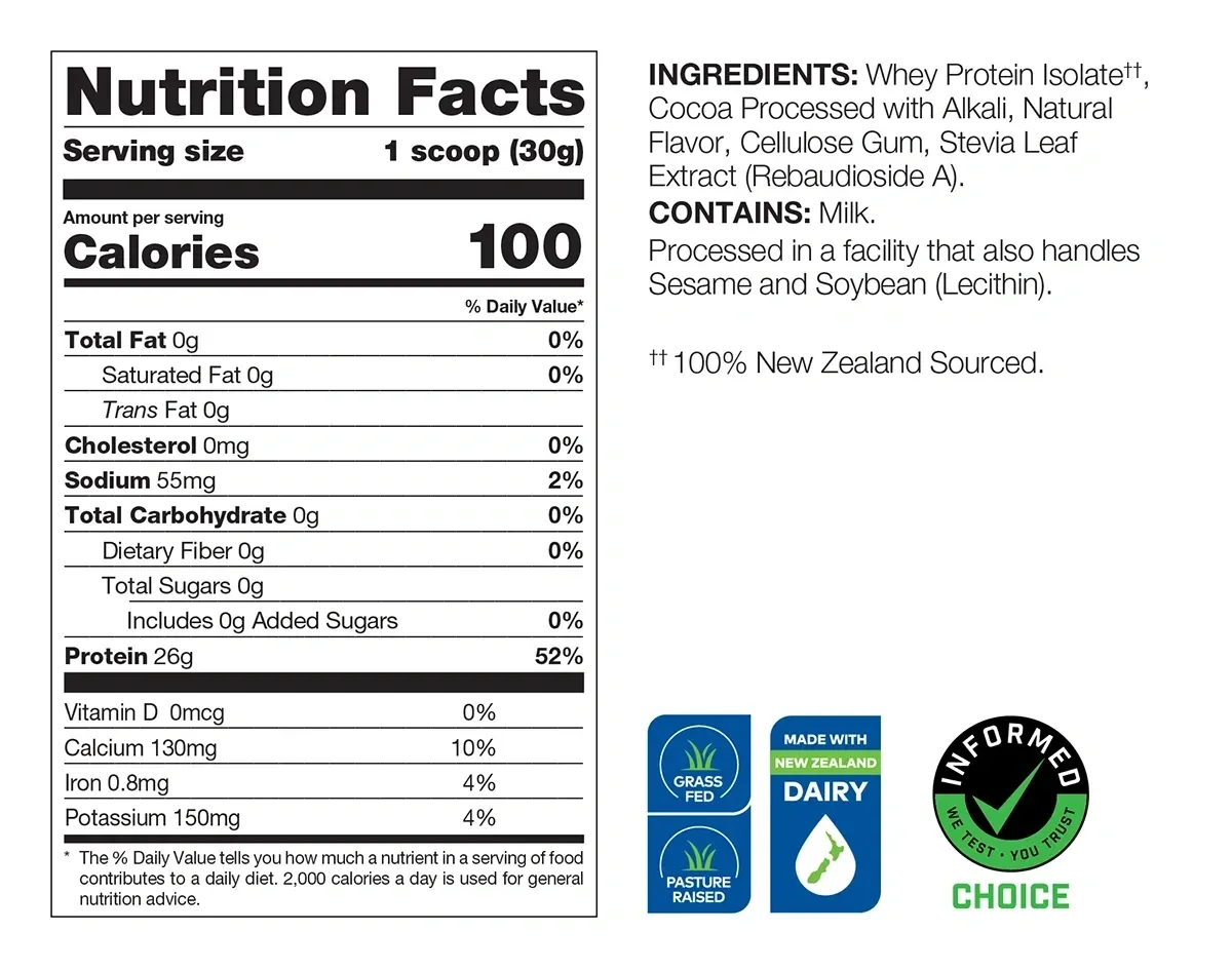 DIESEL New Zealand Whey Protein Isolate: Nutrition Facts - Milk Chocolate Flavor